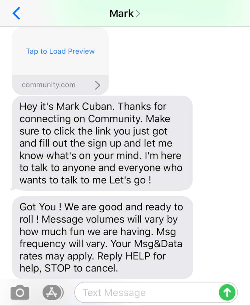 The automated message fans will receive when texting Mark Cuban's Community number.