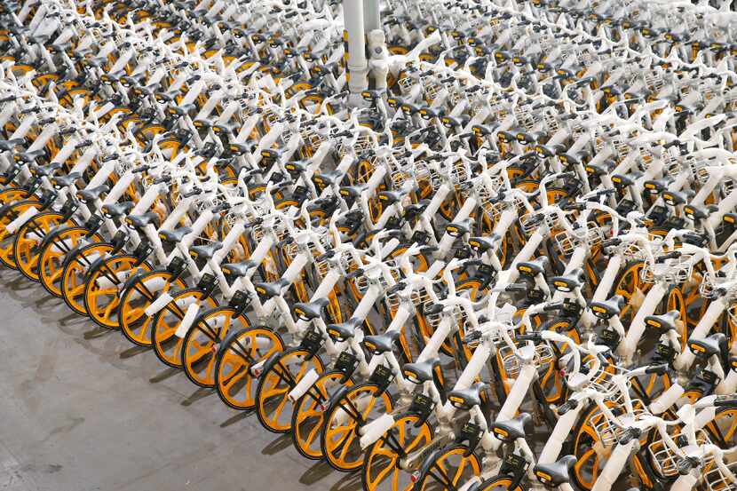 Rows of assembled VBikes, a rent-a-bicycle via downloadable app, are lined up at Massimo in...