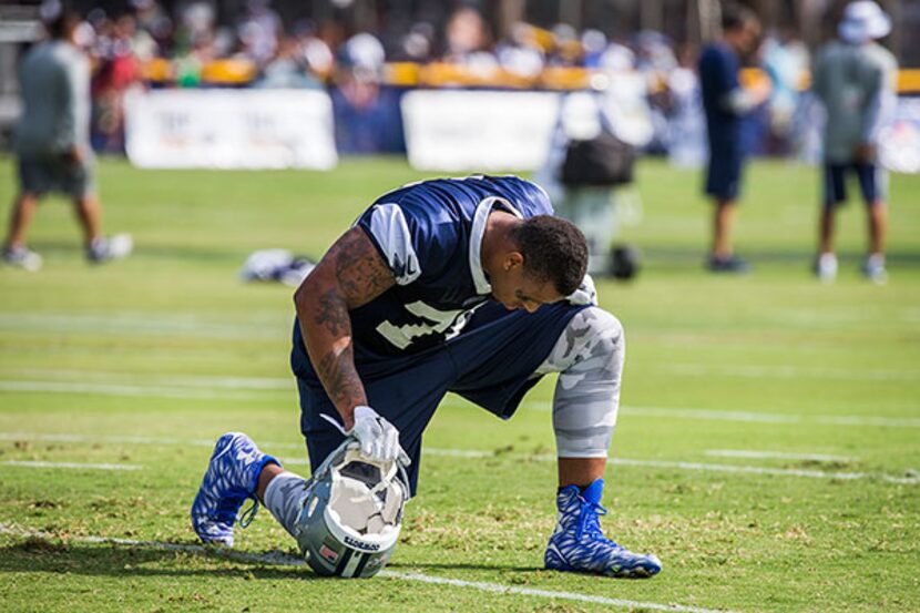 Greg Hardy during training-camp workouts on Thursday, July 30 (Smiley N. Pool / The Dallas...