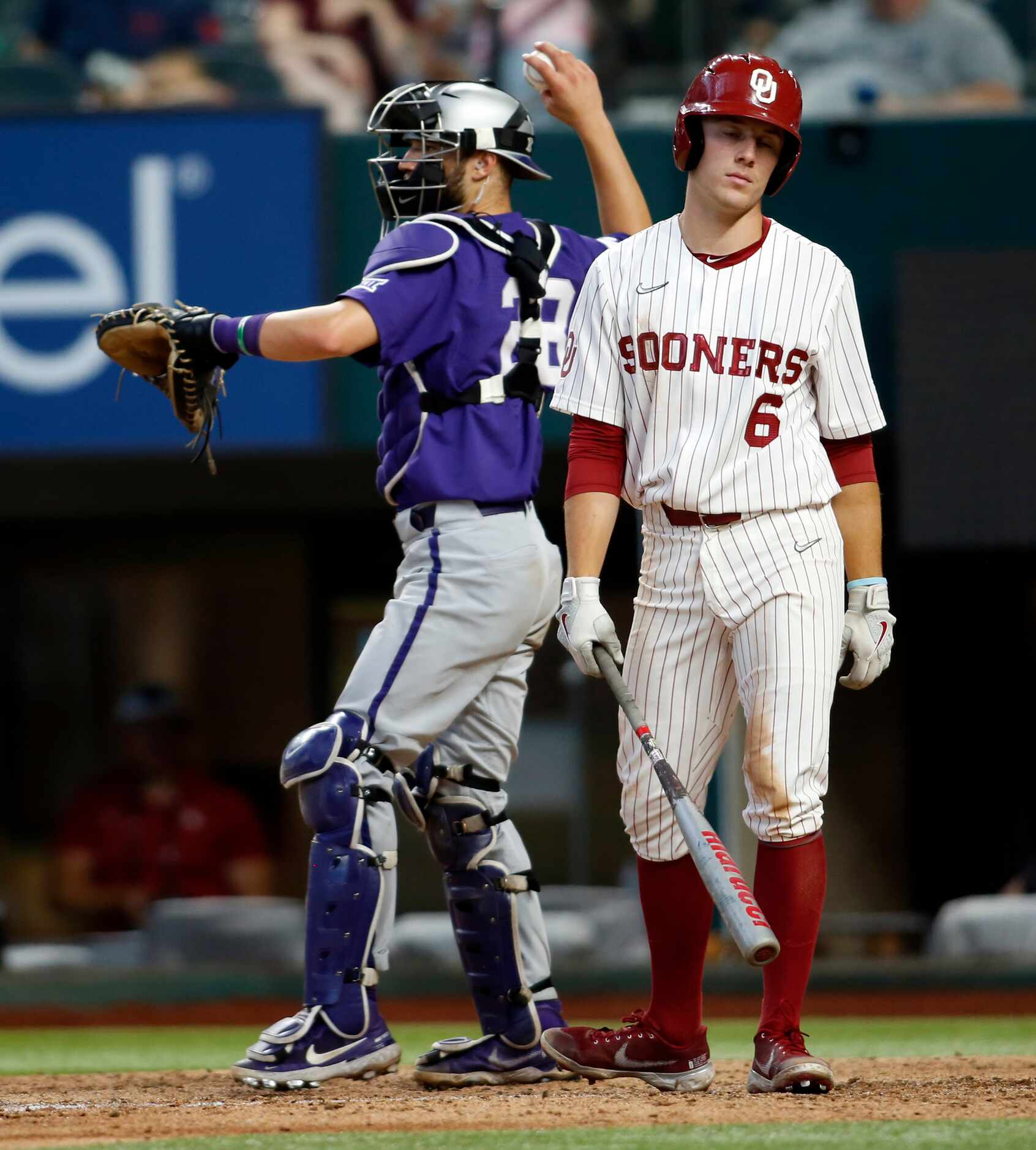 Oklahoma Sooners third baseman Wallace Clark (6) reacts after striking out as Kansas State...