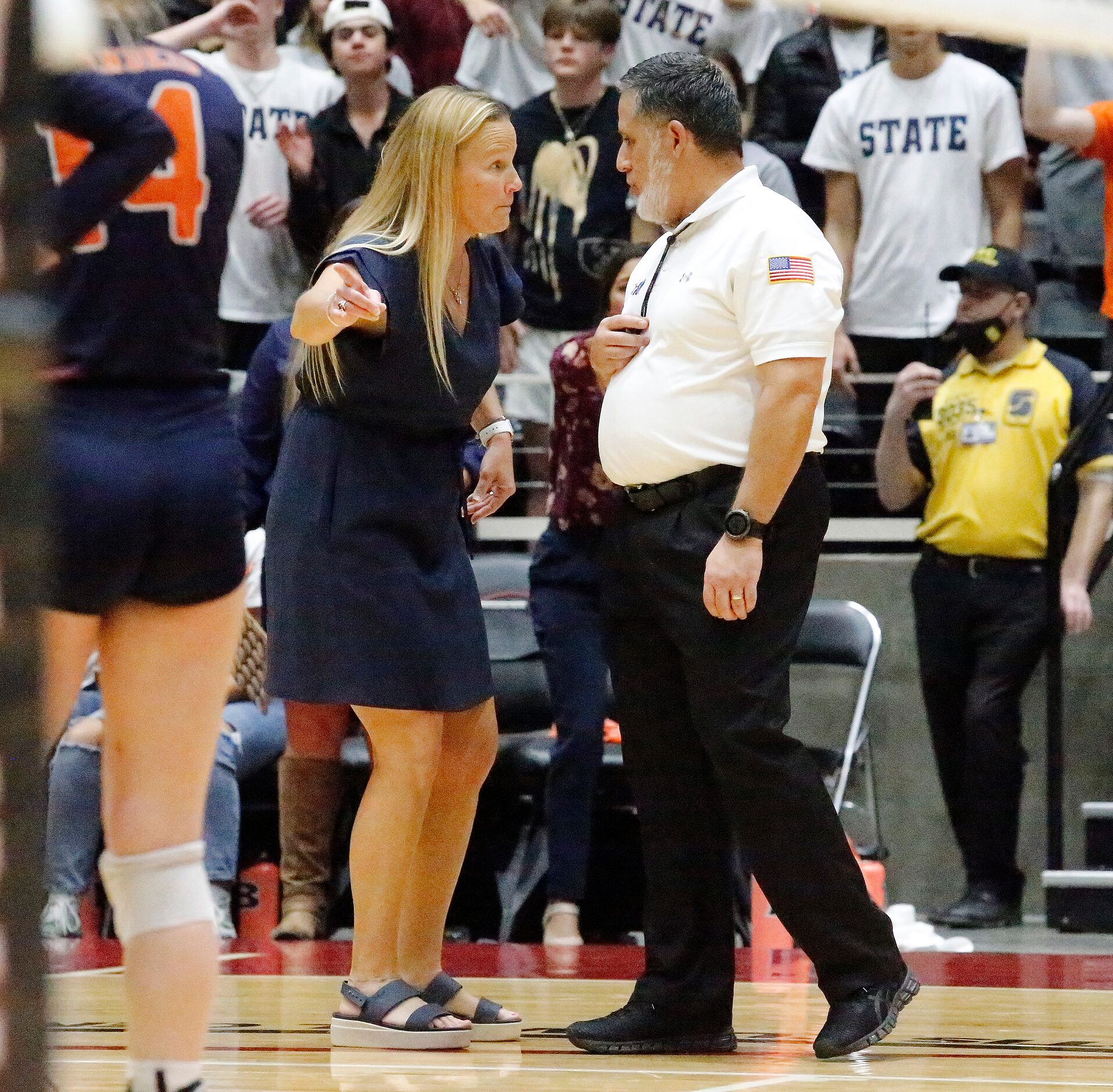 Northside Brandeis head coach Maddie Williams makes a point to the ref during game four as...