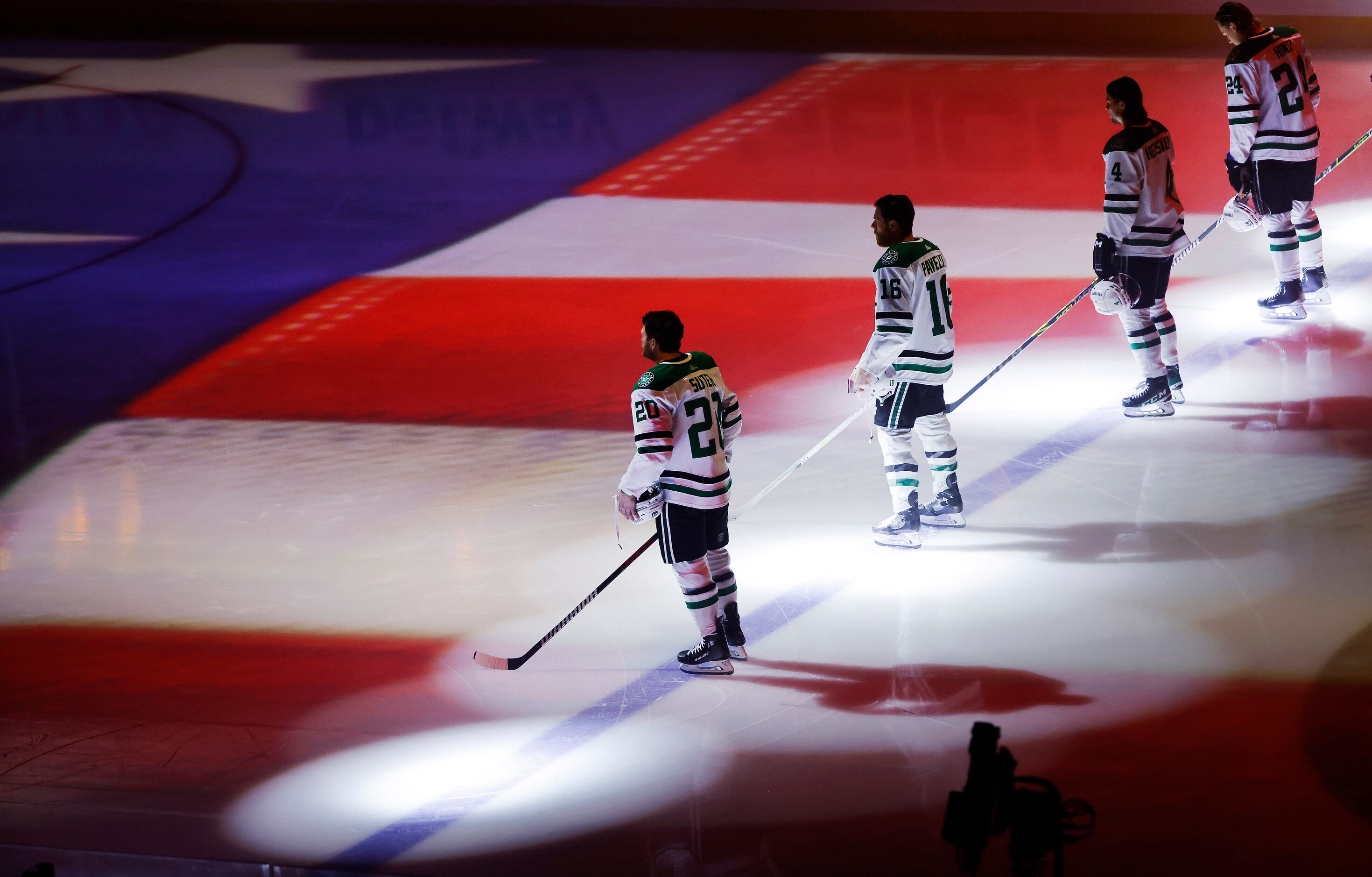 Dallas Stars Ryan Suter (20), Joe Pavelski (16), Miro Heiskanen (4) and Roope Hintz (24)...