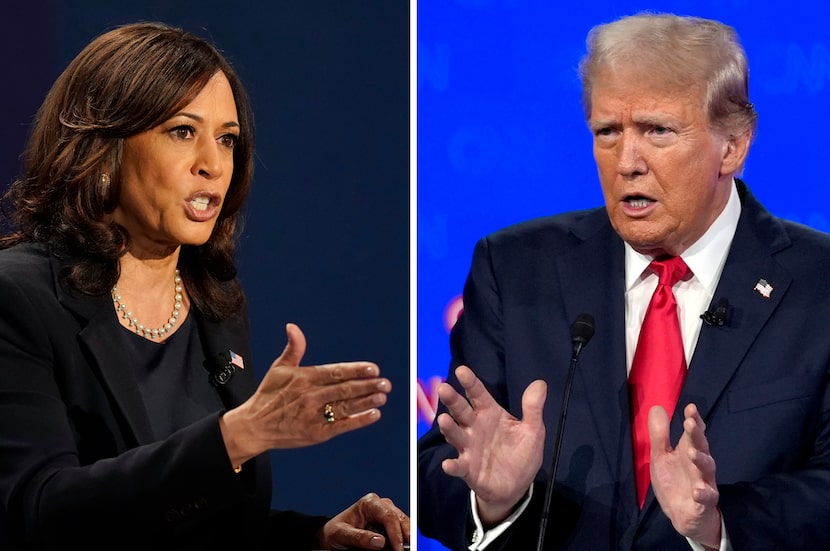 In this combination photo, Democratic vice presidential candidate Sen. Kamala Harris,...