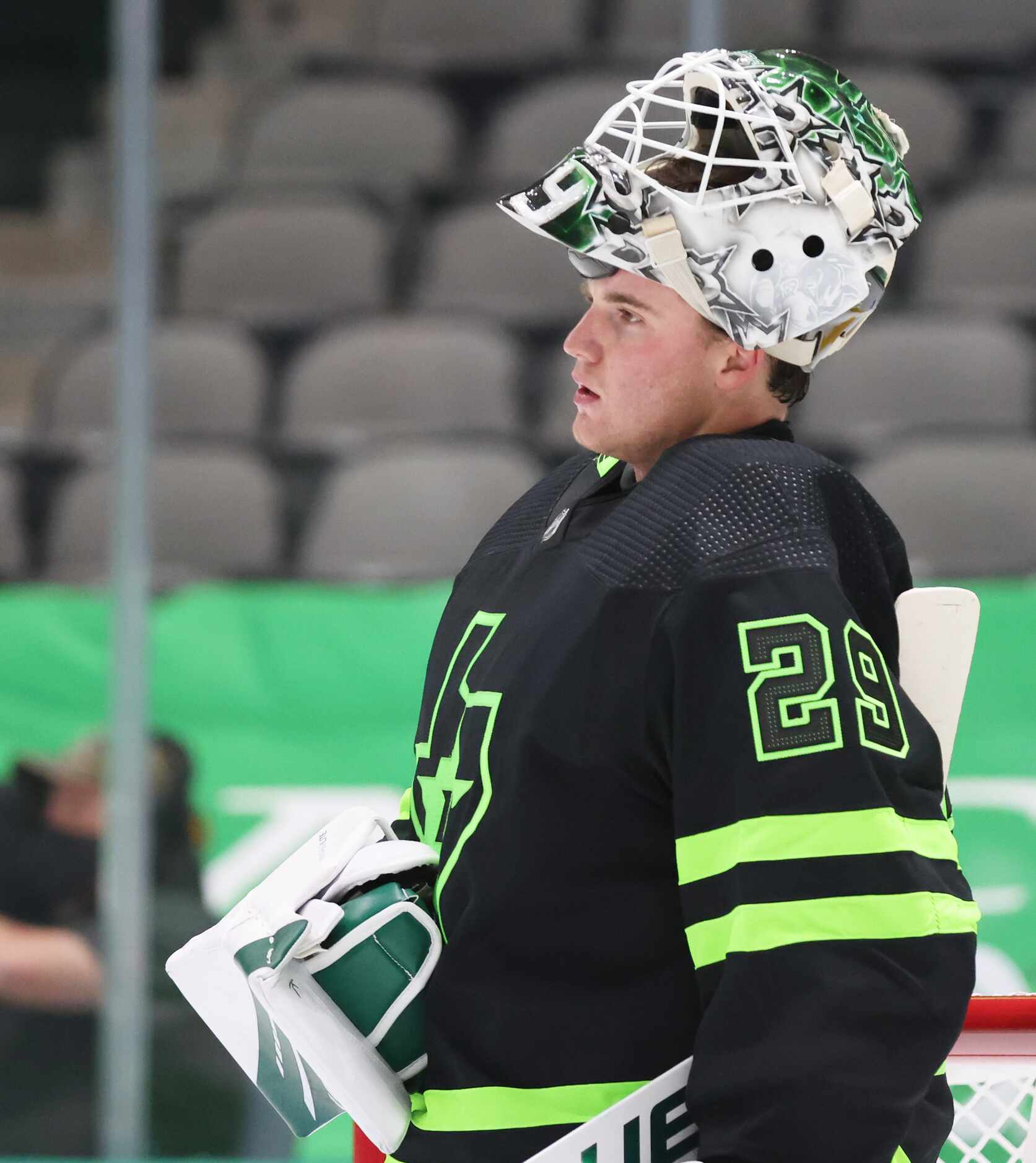 Dallas Stars goaltender Jake Oettinger (29) during a break in play against the Detroit Red...