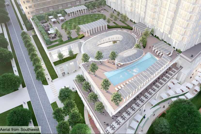 A swimming pool and garden area on the lower floors of the tower would overlook Turtle Creek.