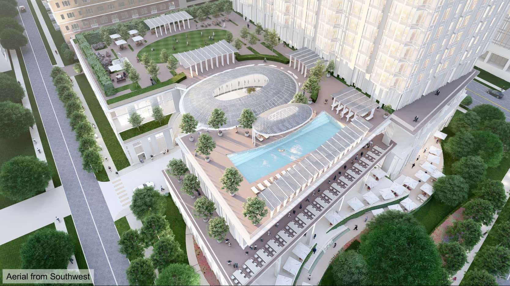 A swimming pool and garden area on the lower floors of the tower would overlook Turtle Creek.