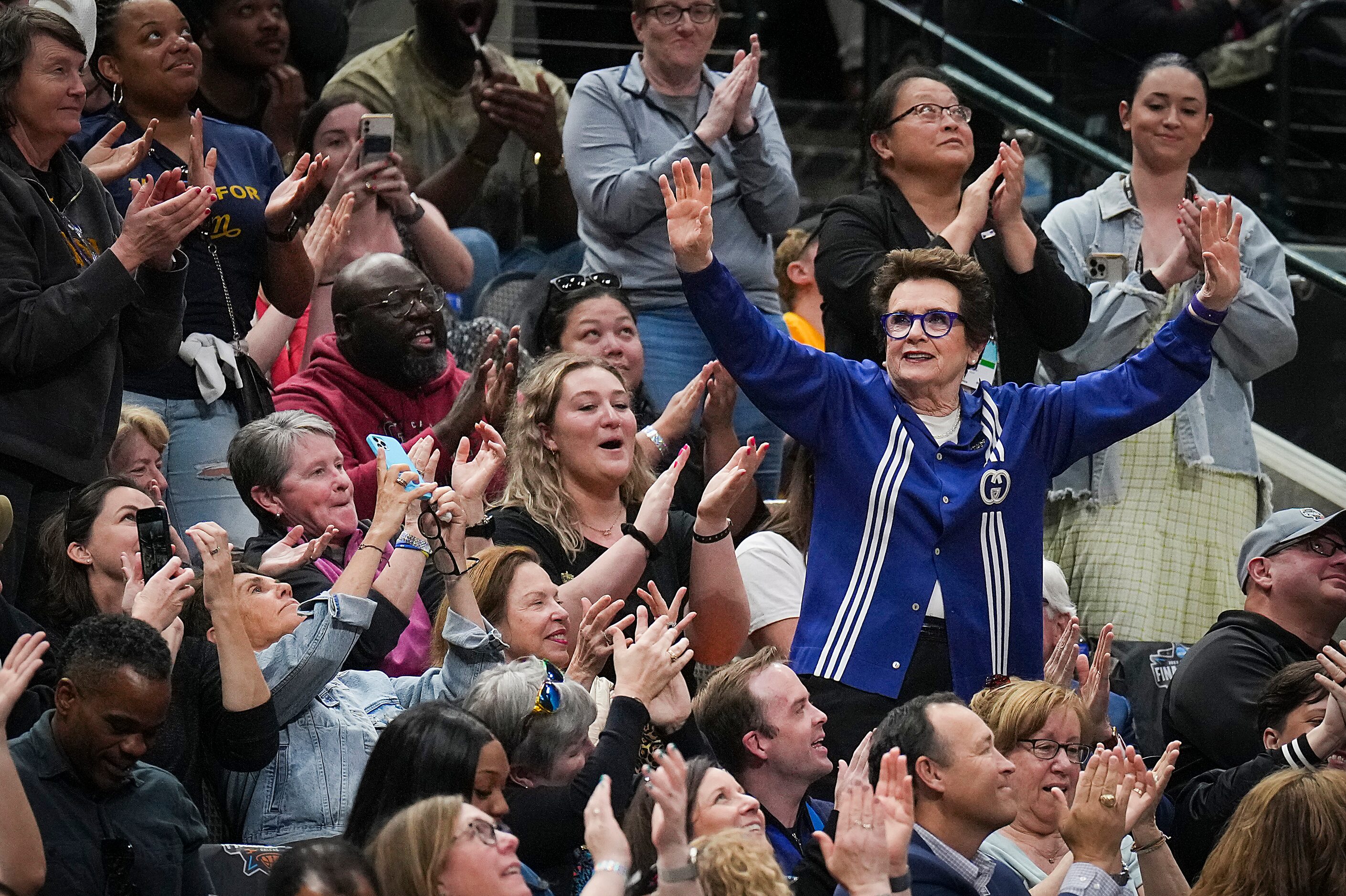 Billie Jean King waves to the crowd during the second half of the NCAA Women's Final Four...