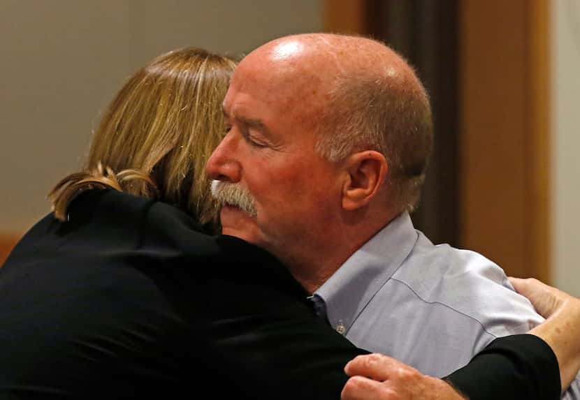 Gary Bardwell, father of Jessie Bardwell, gets a hug from prosecutor Cynthia Walker after...