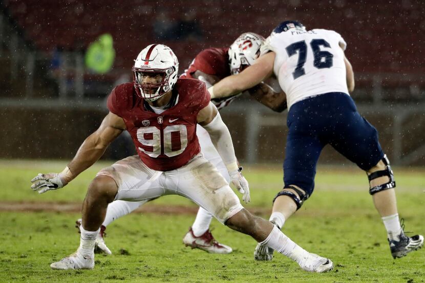 FILE - In this Nov. 26, 2016, file photo, Stanford defensive end Solomon Thomas (90) during...