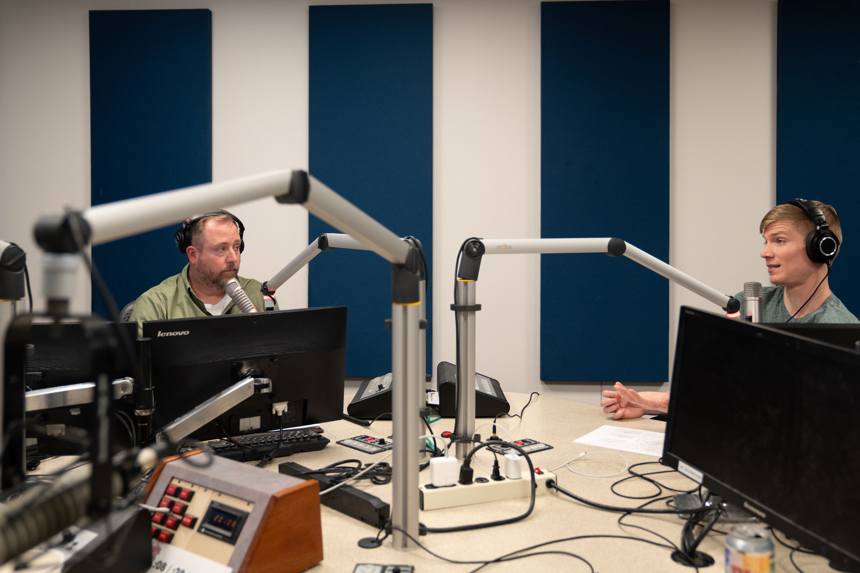 Sean Bass (left) talks with David Mino on air during the Ticket, after having just hit their...