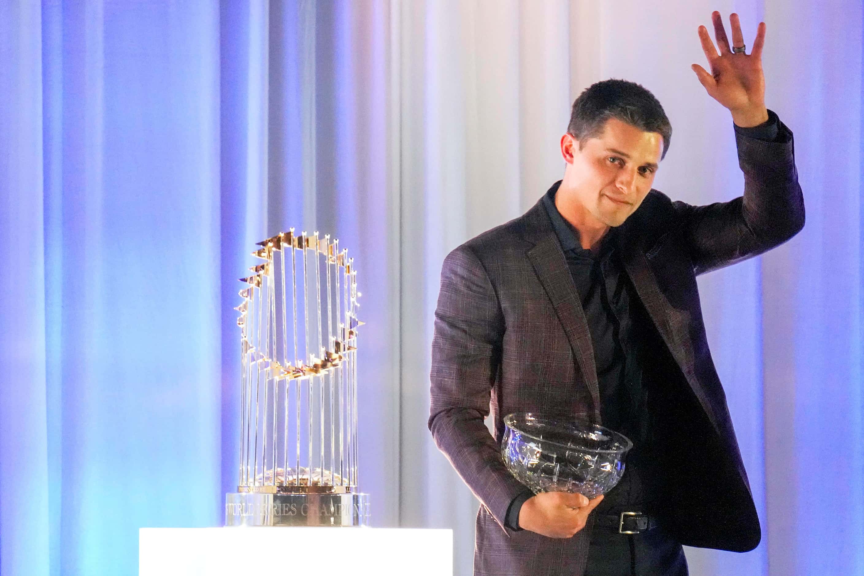 Shortstop Corey Seager accepts the 2023 Texas Rangers Player of the Year award during the...