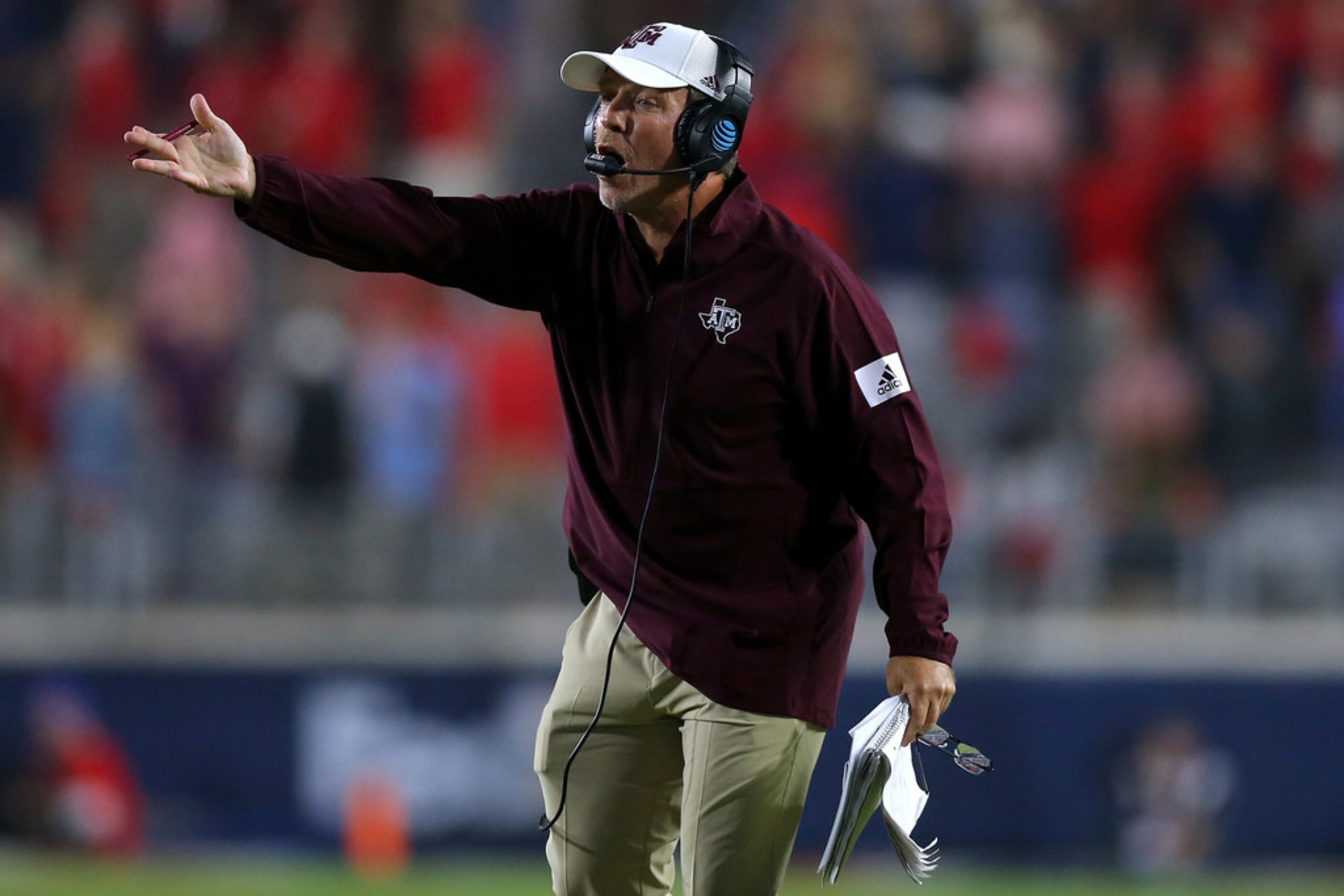 OXFORD, MISSISSIPPI - OCTOBER 19: Head coach Jimbo Fisher of the Texas A&M Aggies reacts...