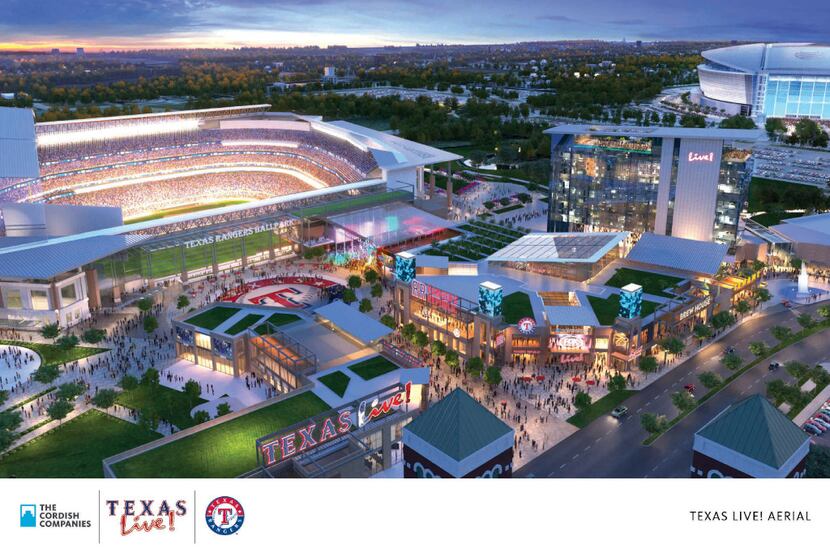 A new Texas Rangers ballpark could spur $4 billion in development, including a Texas Live!...