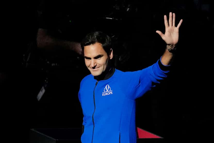 Team Europe's Roger Federer of Switzerland, waves during the opening ceremony of the Laver...