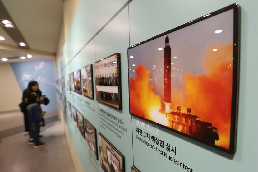 A photo showing North Korea's missile launch is displayed at the Unification Observation...