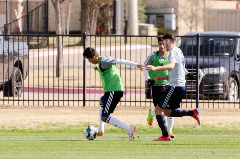 Arturo Rodriguez of North Texas SC breaks away from a Swope Park Rangers defender. (2-13-19)
