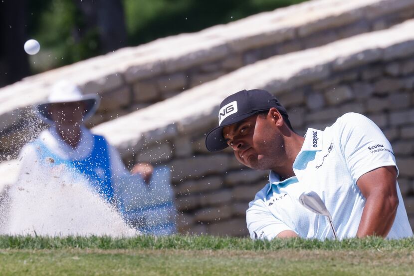 Sebastián Muñoz hits from the sand pit on no. 18 during the second round of AT&T Byron...