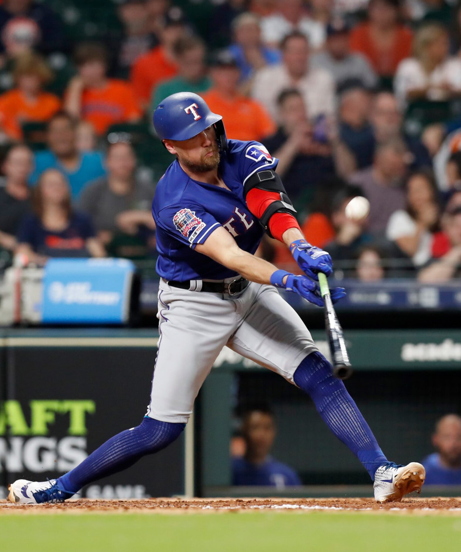 HOUSTON, TX - MAY 10:  Hunter Pence #24 of the Texas Rangers flies out in the seventh inning...