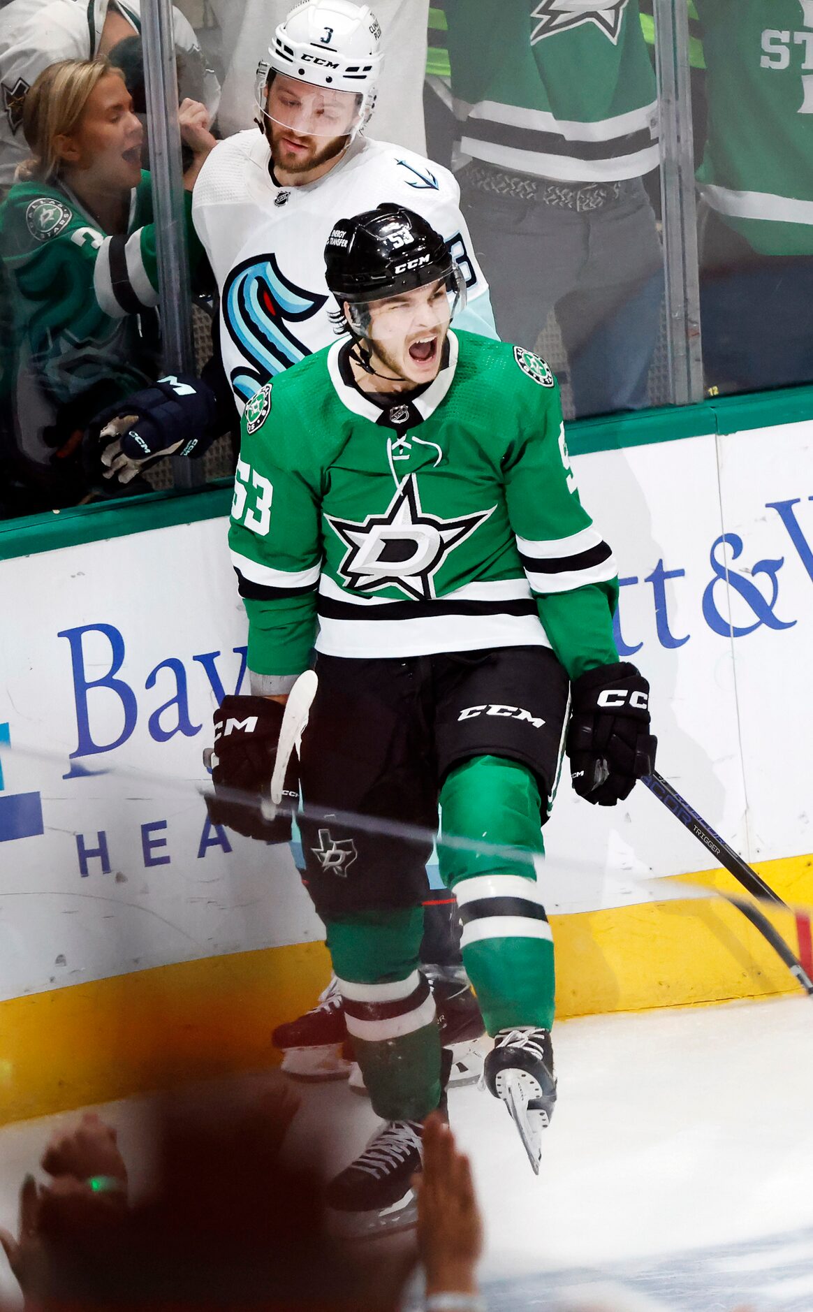 Dallas Stars center Wyatt Johnston (53) celebrates his third period goal against Seattle...