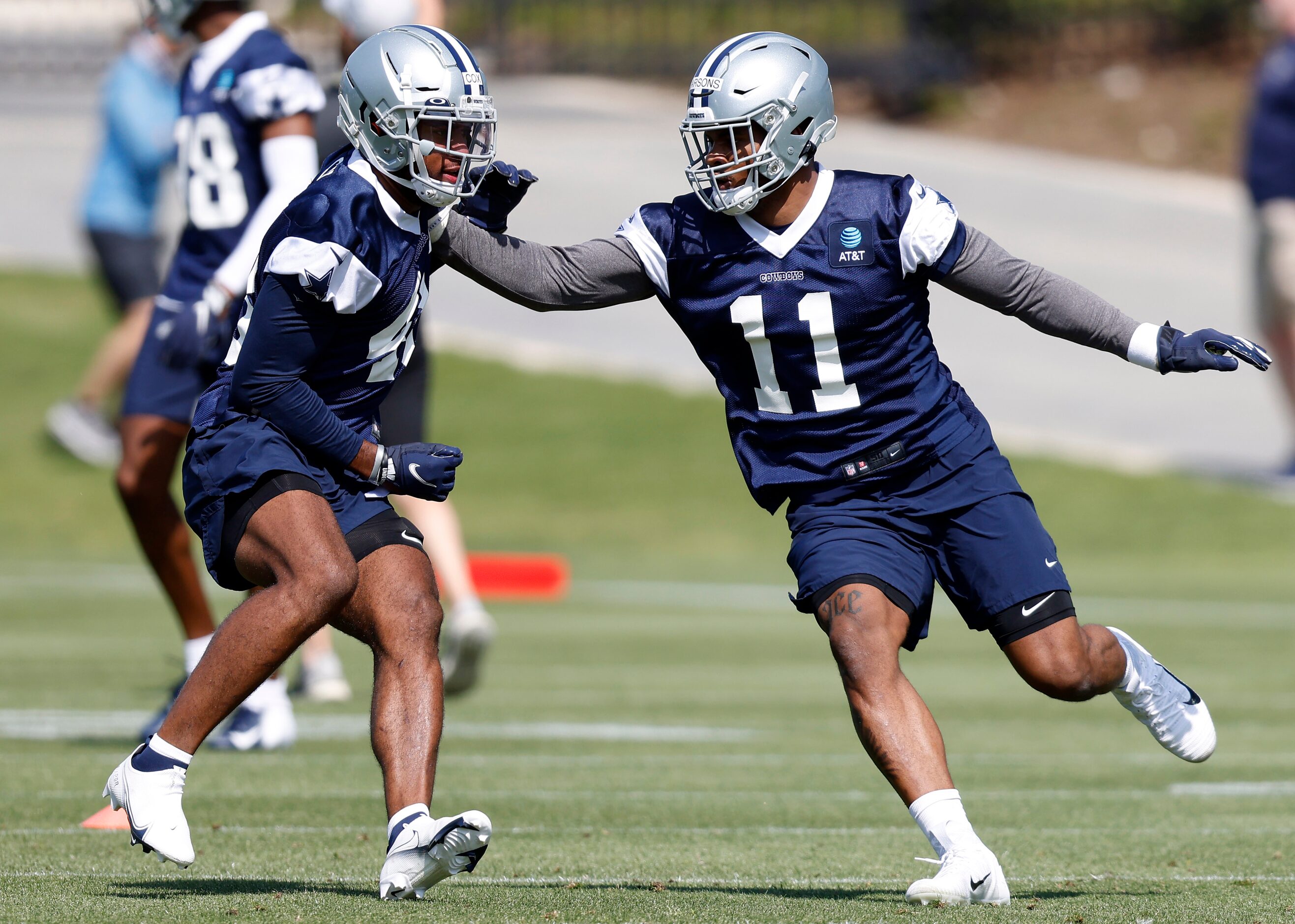 Dallas Cowboys rookie linebackers Micah Parsons (11) covers Jabril Cox (48) during...