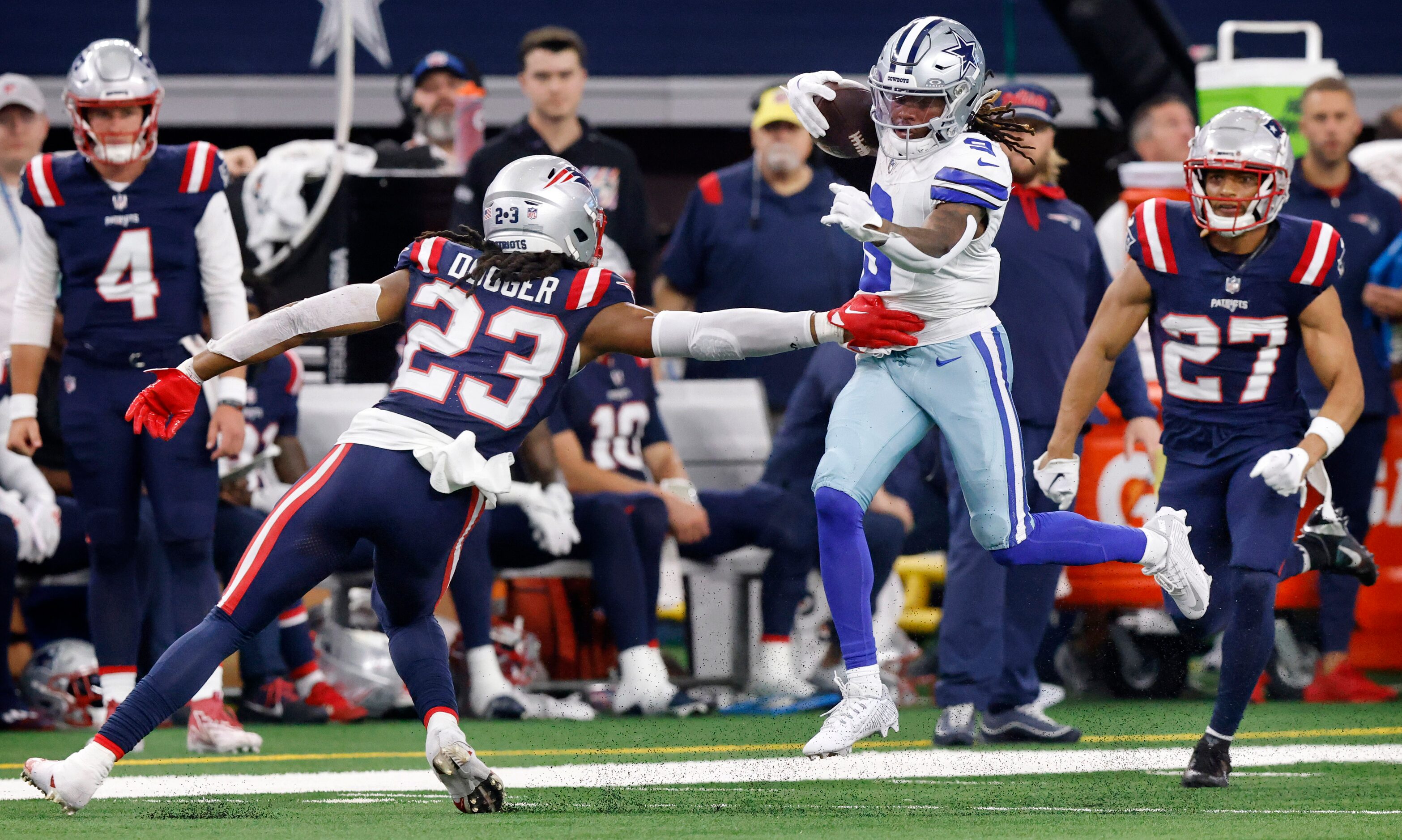 Dallas Cowboys wide receiver KaVontae Turpin (9) makes a move on New England Patriots safety...