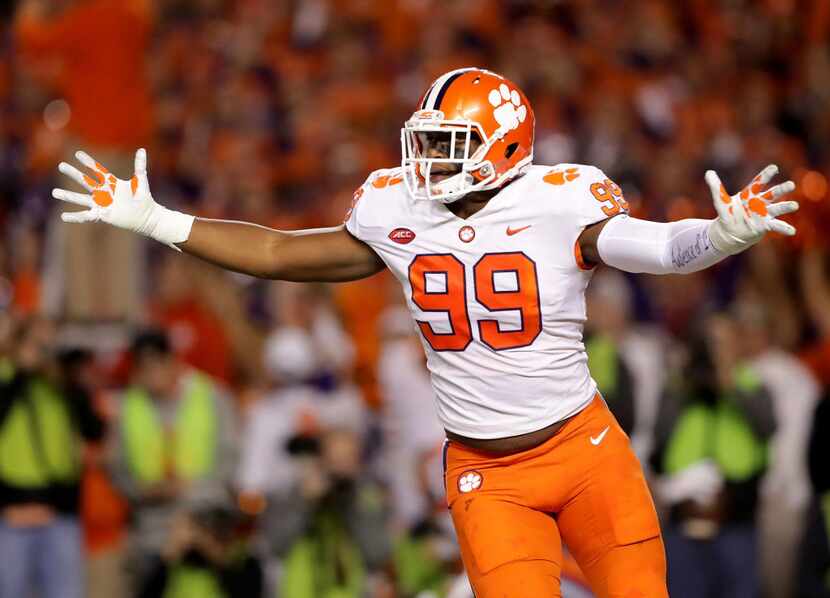 COLUMBIA, SC - NOVEMBER 25:  Clelin Ferrell #99 of the Clemson Tigers reacts after a play...