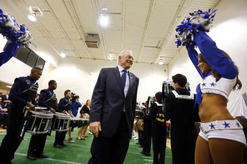 Dallas Cowboys owner Jerry Jones is introduced during the grand opening pep rally for the...