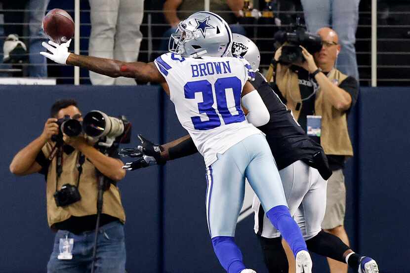 Dallas Cowboys cornerback Anthony Brown (30) is flagged for interference as he covers Las...