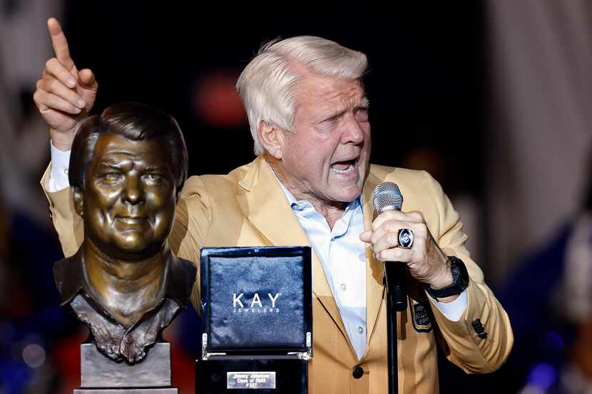 Former Dallas Cowboys head coach and Pro Football Hall of Famer Jimmy Johnson delivers his...
