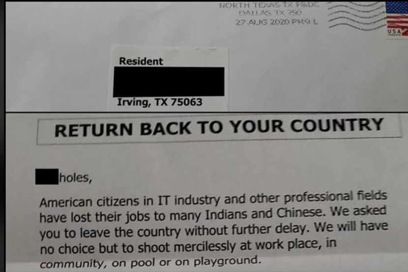 La policía de Irving publicó un fragmento de una carta recibida por un residente con una...