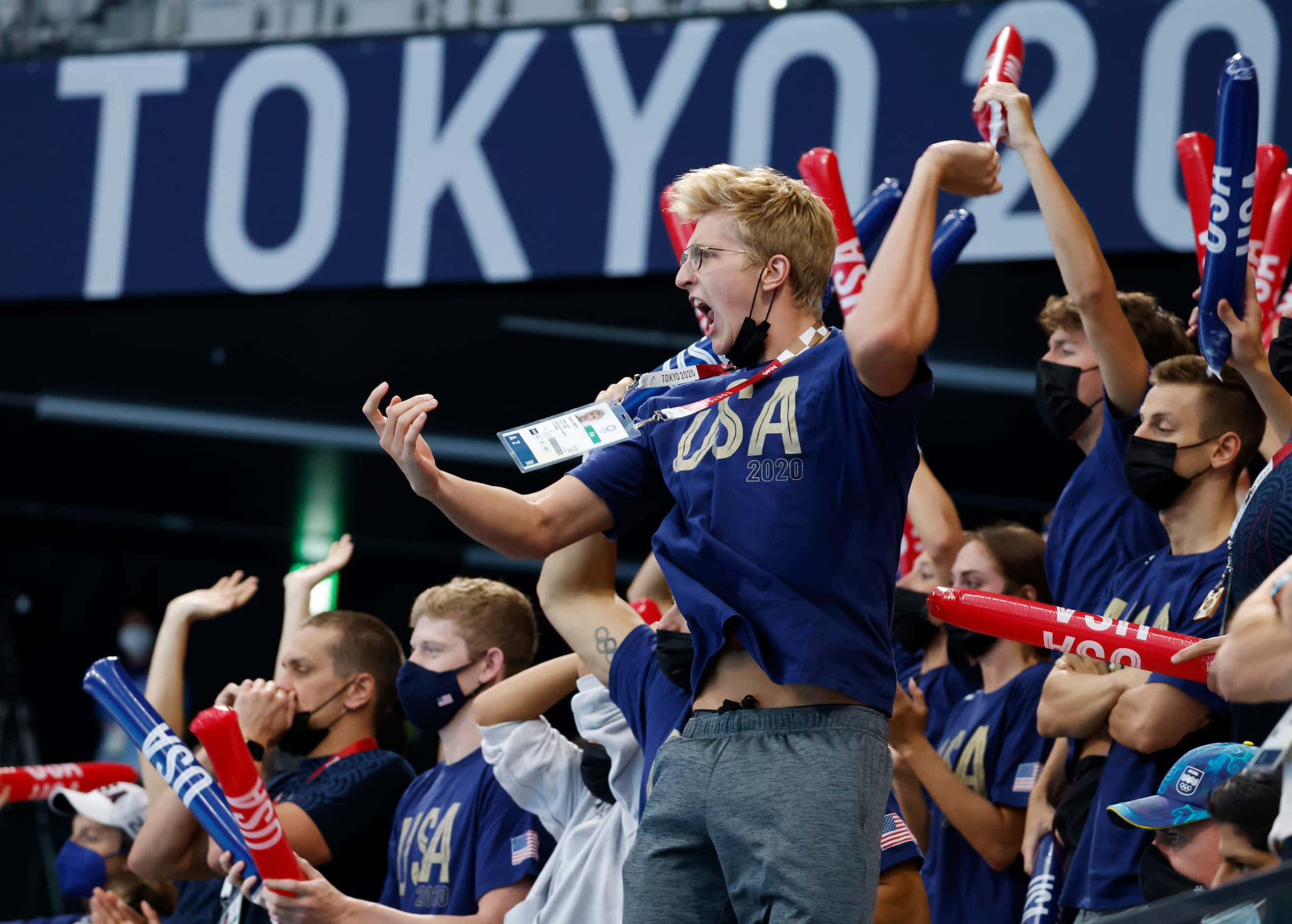 USA’s Kieran Smith cheers on Robert Finke on the last lap of the men’s 1500 meter freestyle...