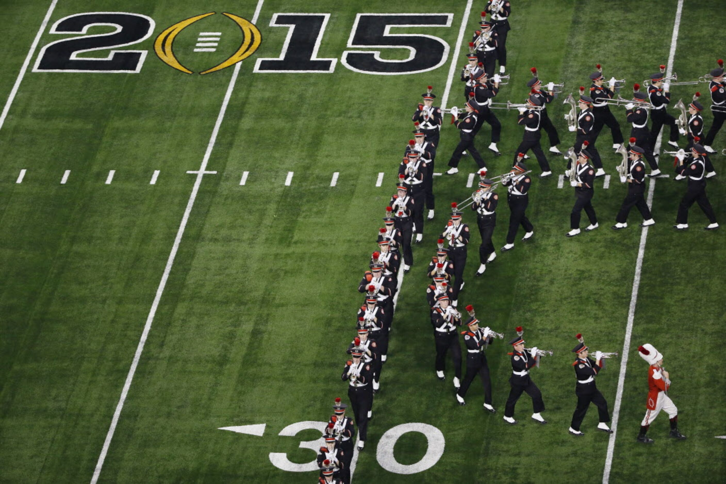 The Ohio State Buckeyes marching band performs during the pre game show before the College...