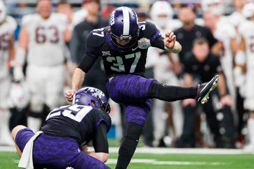 TCU Horned Frogs place kicker Cole Bunce (37) kicks the winning field goal during the fourth...