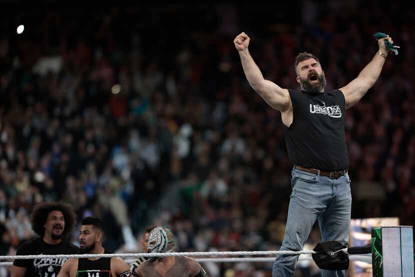 Eagles Jason Kelce appears in the ring during WrestleMania at Lincoln Financial Field in...