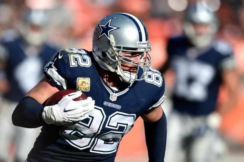 In this Nov. 6, 2016, file photo, Dallas Cowboys tight end Jason Witten runs the ball in the...