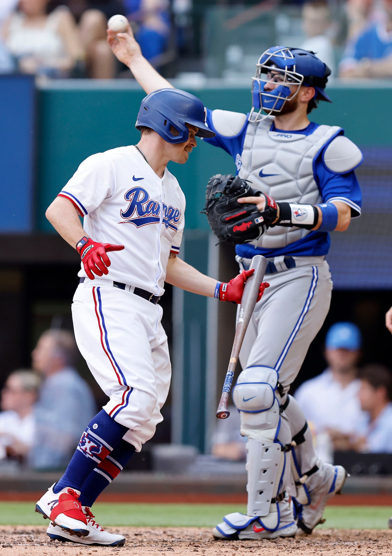 Texas Rangers second baseman Brock Holt (16) strikes out during fifth inning against the...