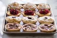 From top, butterscotch mini pies with meringue, cranberry lime mini pies, blueberry lemon...