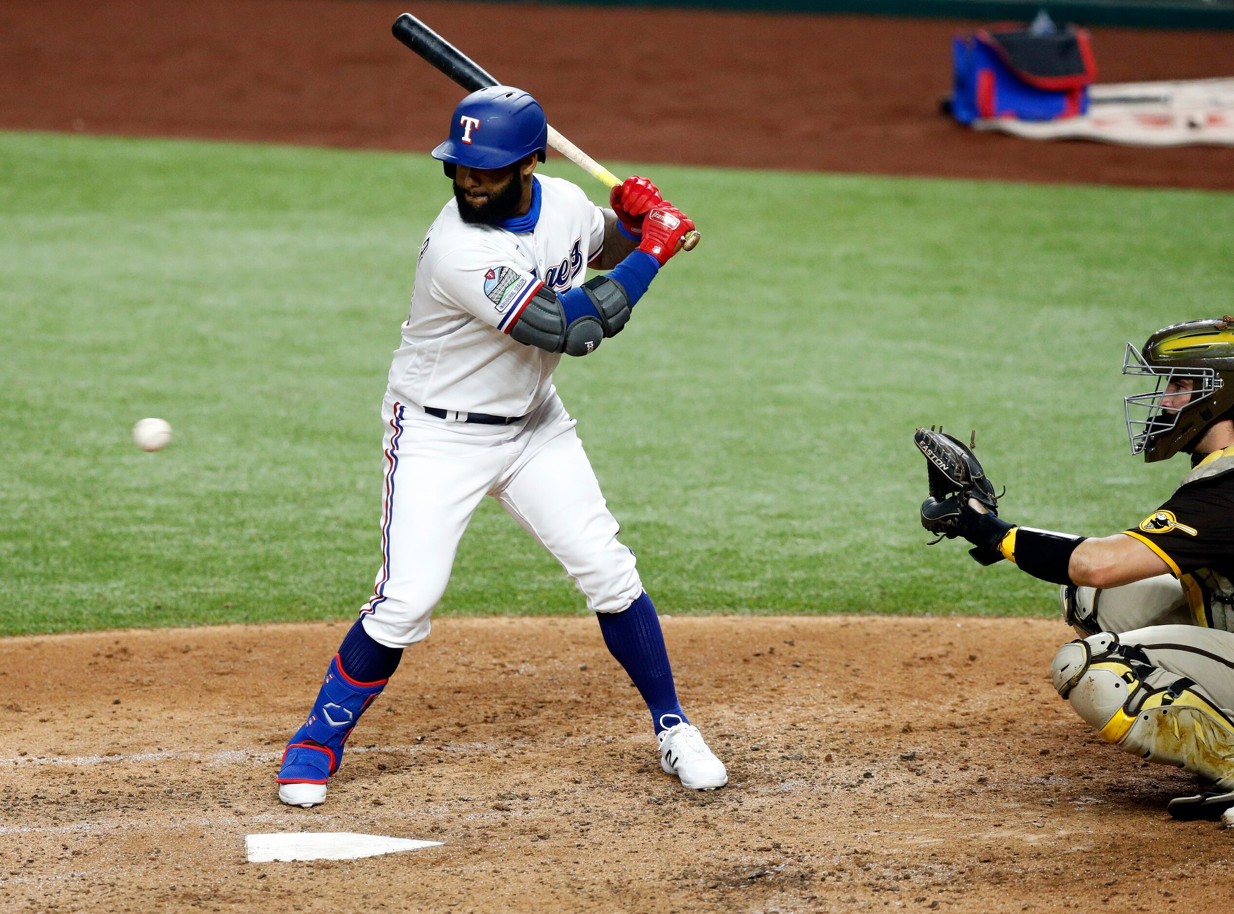 Texas Rangers designated hitter Danny Santana (38) strikes out looking during the fourth...