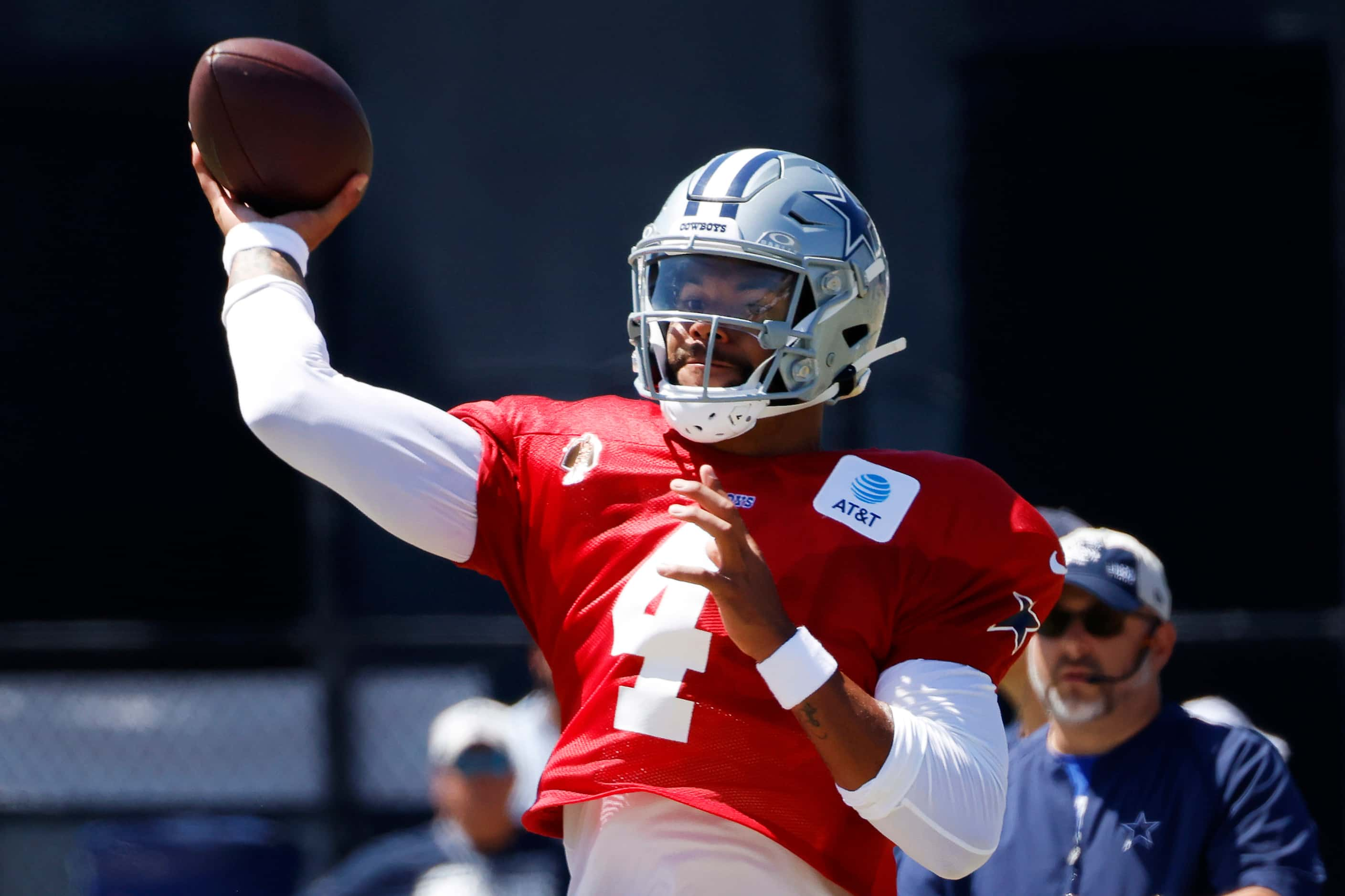 Dallas Cowboys quarterback Dak Prescott (4) heaves a pass downfield against the Los Angeles...