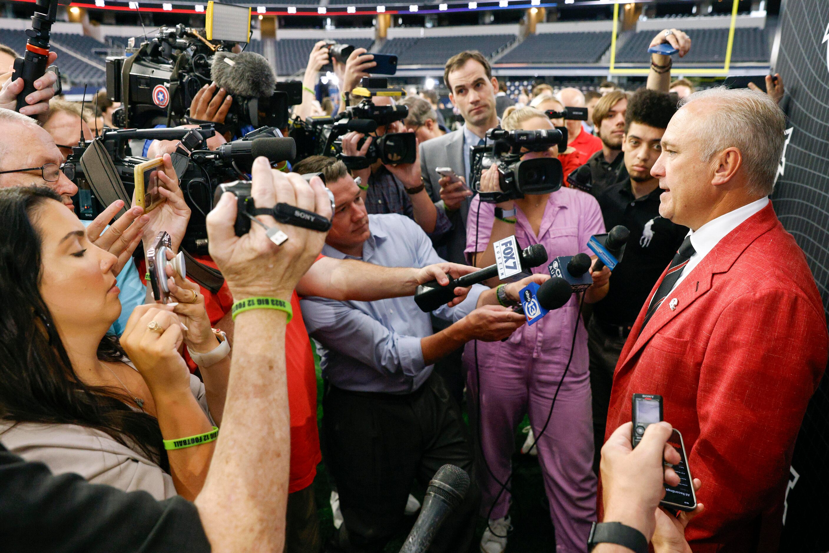 Texas Tech head coach Joey McGuire speaks with members of the media during the Big 12 Media...