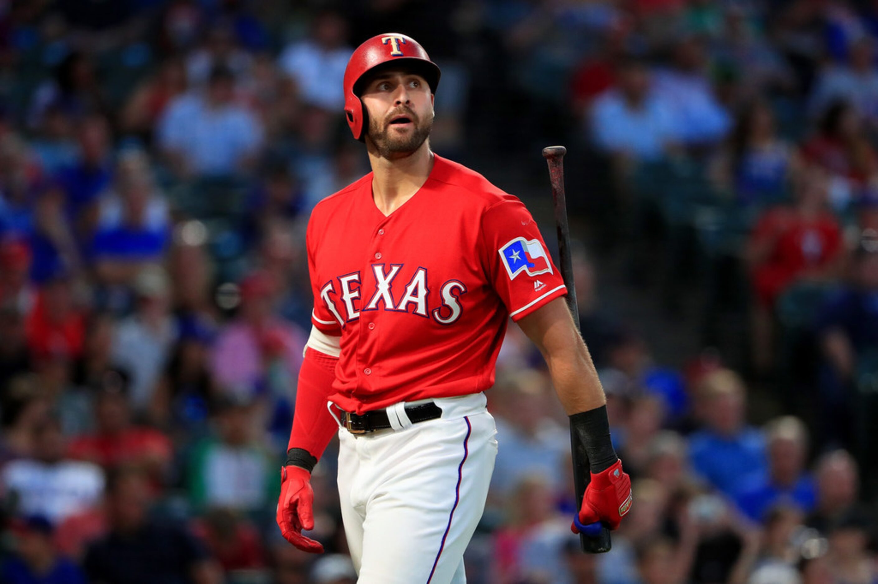 ARLINGTON, TX - JUNE 15:  Joey Gallo #13 of the Texas Rangers reacts after being called out...