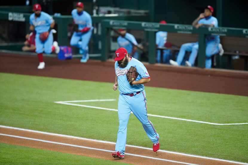 FILE - Rangers pitcher Lance Lynn takes the field to face the Angels at Globe Life Field on...