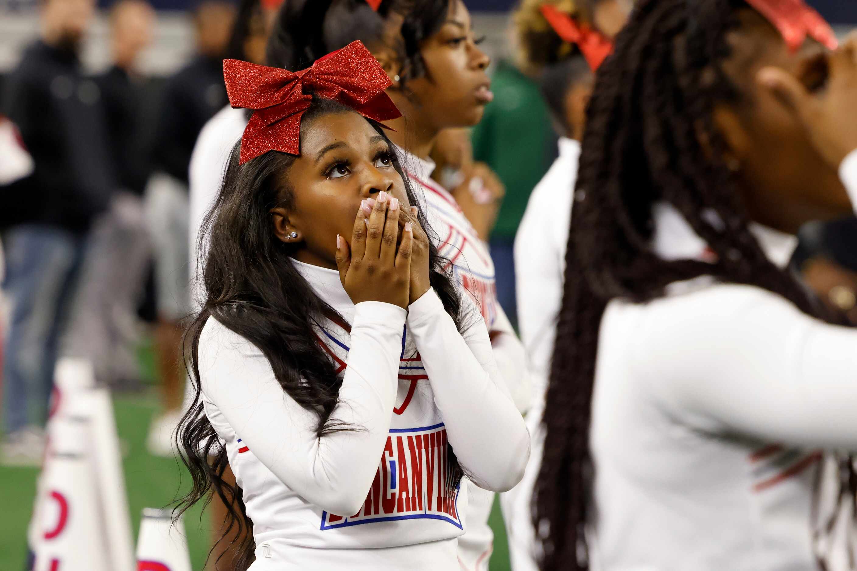 Duncanville cheerleader Janari Williams reacts during the fourth quarter of the Class 6A...