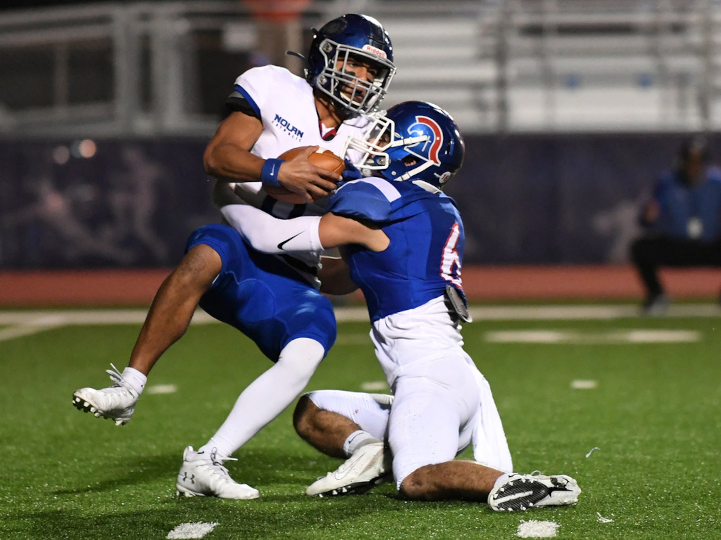 TCA-Addison linebacker Clarke Pino (6) sacks Fort Worth Nolan senior quarterback Spencer...