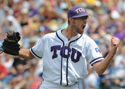 FILE - Matt Purke celebrates the third out of the seventh inning against Florida State in...