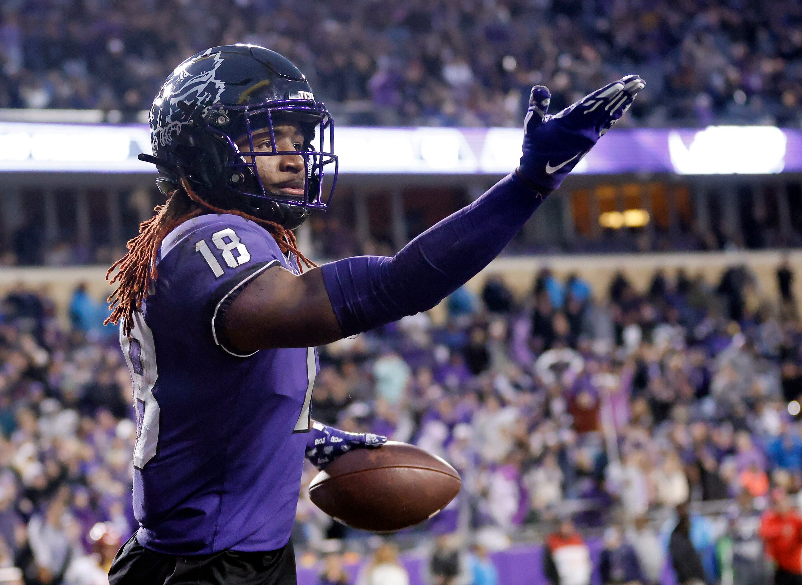 TCU Horned Frogs wide receiver Savion Williams (18) blows a kiss to the Iowa State Cyclones...