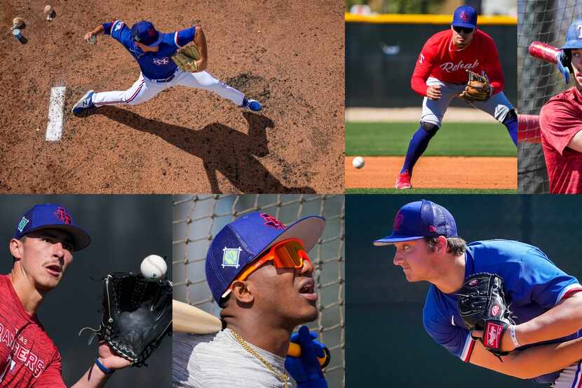 Texas Rangers prospects (from left to right) Jack Leiter, Chris Seise, Evan Carter, Aaron...