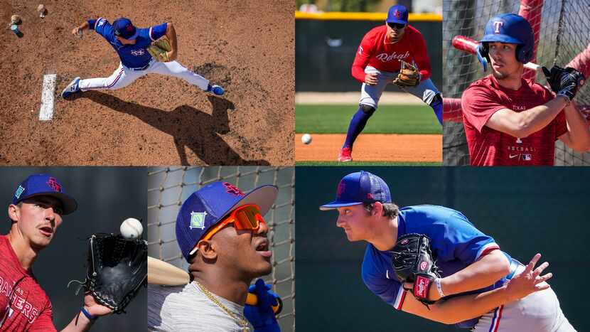 Texas Rangers prospects (from left to right) Jack Leiter, Chris Seise, Evan Carter, Aaron...
