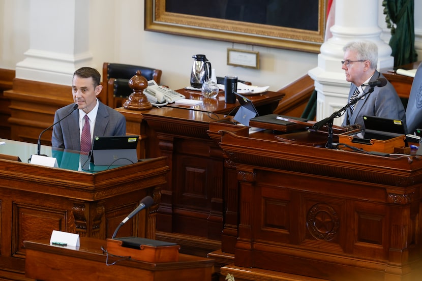 Witness Ryan Bangert (left), former deputy first assistant attorney general, answers...