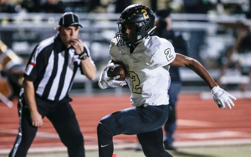 The Colony's Myles Price scores on a touchdown catch against Frisco Independence last...